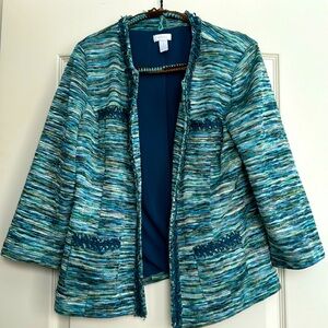 Attention Seahawks fans! Blue, green Chico’s knit fringe jacket, size 1.